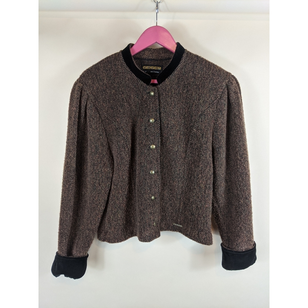 Vintage Geiger Brown Wool Marled Jacket Velvet Trim